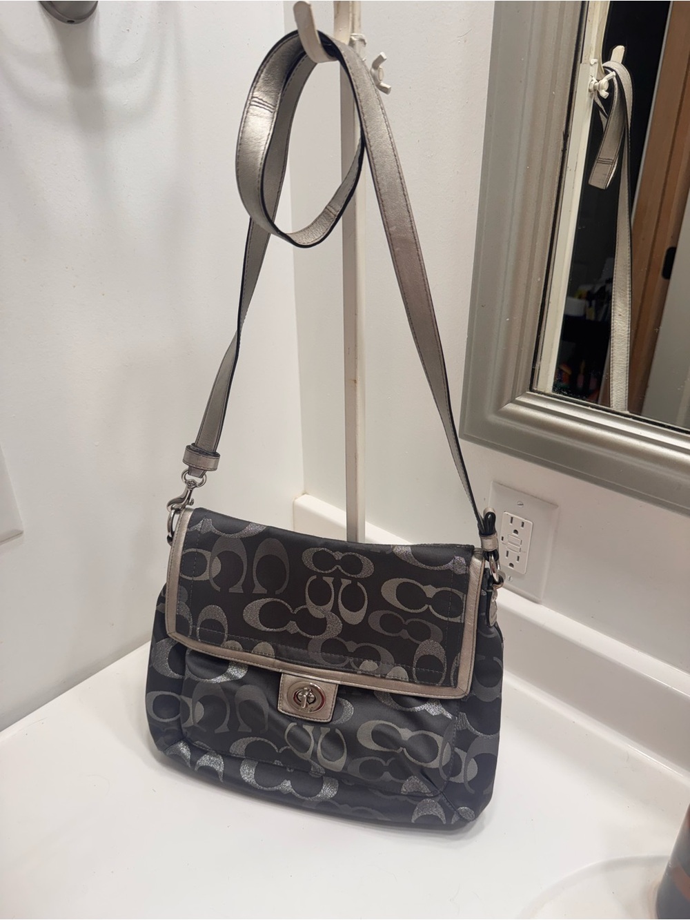 COACH Signature Print convertible Shoulder Bag in Charcoal Gray